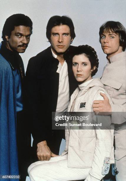 American actors Billy Dee Williams, Harrison Ford, Carrie Fisher and Mark Hamill on the set of Star Wars: Episode V - The Empire Strikes Back...