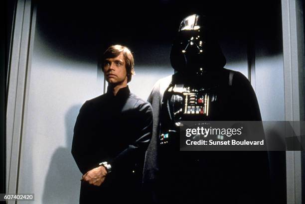 American actor Mark Hamill and British David Prowse on the set of Star Wars: Episode VI - Return of the Jedi directed by Welsh Richard Marquand.