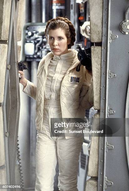 American actress Carrie Fisher on the set of Star Wars: Episode V - The Empire Strikes Back directed by Irvin Kershner.