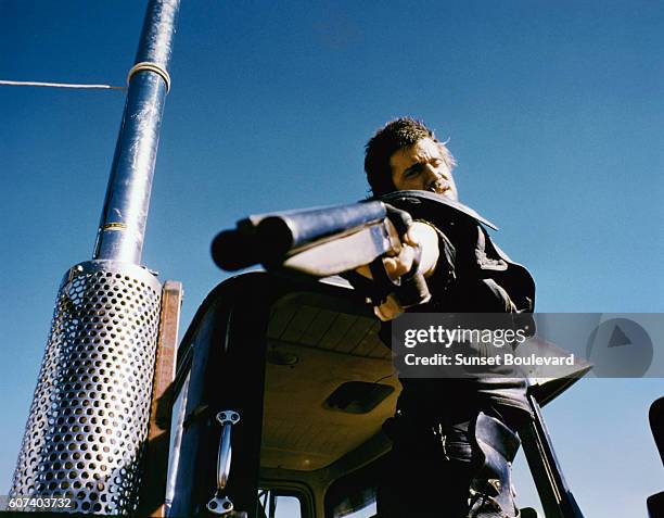 American actor Mel Gibson on the set of Mad Max 2: The Road Warrior written and directed by George Miller.