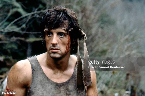 American actor Sylvester Stallone plays Rambo on the set of First Blood based on the novel by Canadian David Morrell and directed by Ted Kotcheff.