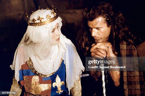 French actress Sophie Marceau with Australian-American actor, director and producer Mel Gibson on the set of his movie Braveheart.