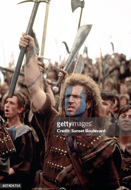 Australian-American actor, director and producer Mel Gibson on the set of his movie Braveheart.