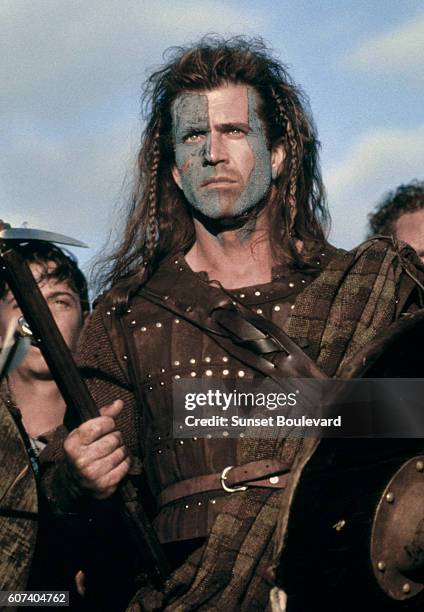 Australian-American actor, director and producer Mel Gibson on the set of his movie Braveheart.