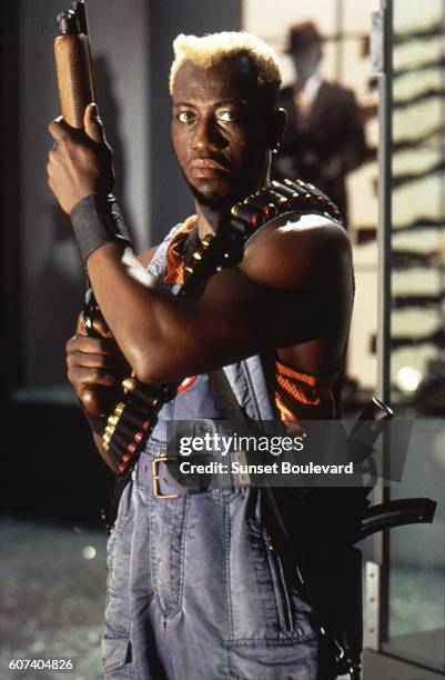 American actor Wesley Snipes on the set of <Demolition Man> directed by Marco Brambilla.