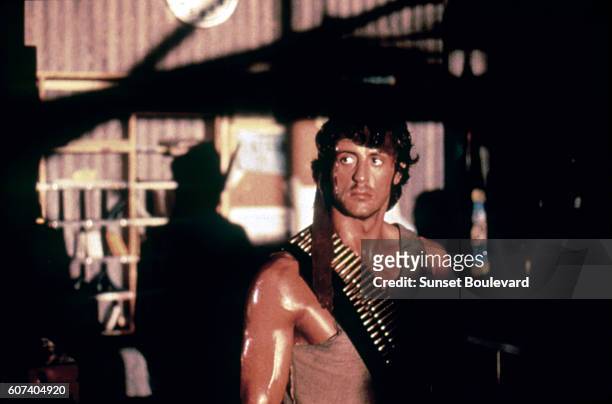 American actor and screenwriter Sylvester Stallone on the set of <Rambo> based on the novel by Canadian David Morrell and directed by Ted Kotcheff.