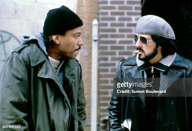 American actors Billy Dee Williams and Sylvester Stallone on the set of Nighthawks directed by Bruce Malmuth.