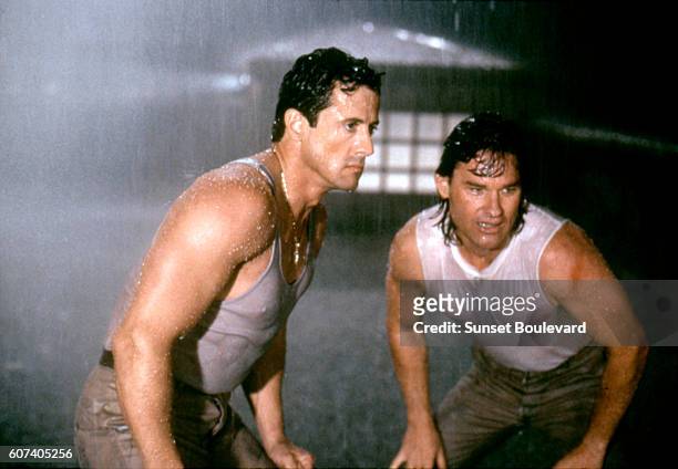 American actors Sylvester Stallone and Kurt Russell on the set of Tango & Cash directed by Russian-American Andrey Konchalovskiy.