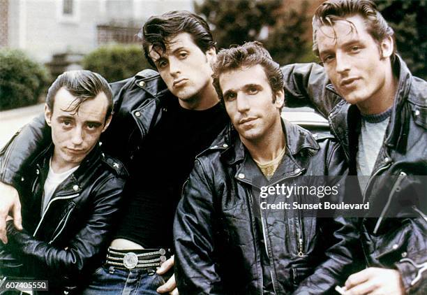 American actors Paul Mace, Sylvester Stallone, Henry Winkler and Perry King on the set The Lord's of Flatbush directed by Martin Davidson and Stephen...