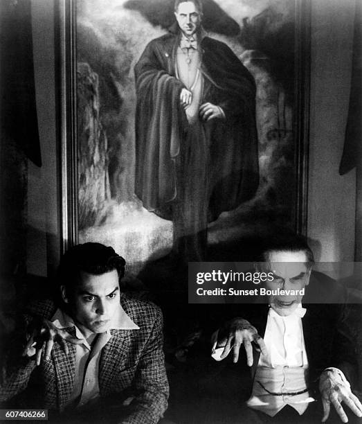 American actors Johnny Depp and Martin Landau on the set of Ed Wood, based on the book by Rudolph Grey and directed by Tim Burton.