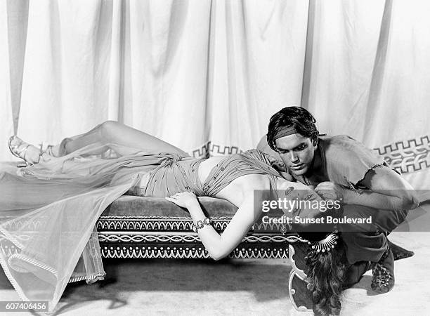 American actors Jeffrey Hunter and Debra Paget on the set of Princess of the Nile, directed by Harmon Jones.