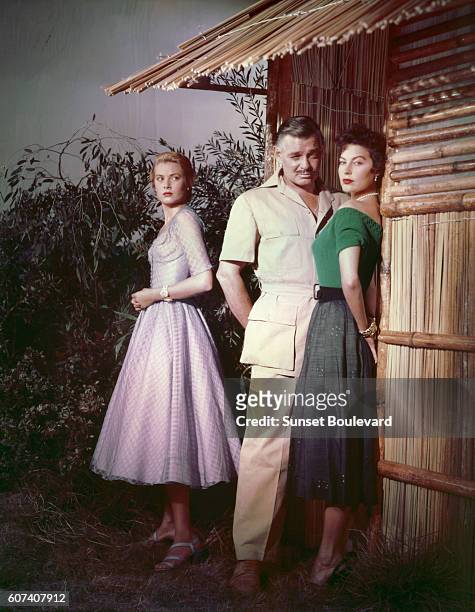 American actors Ava Gardner, Clark Gable and Grace Kelly on the set of Mogambo, directed by John Ford.