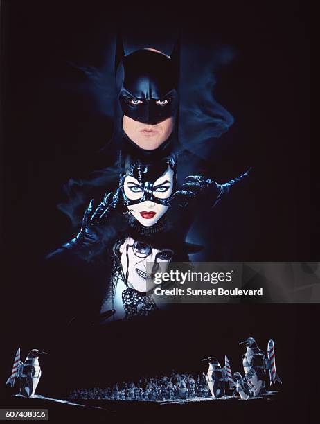 American actors Michael Keaton, Michelle Pfeiffer and Danny DeVito on the set of Batman Returns, directed by Tim Bruton.