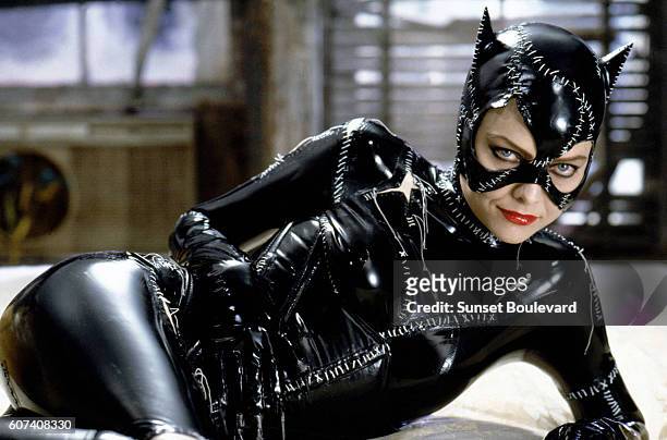 American actress Michelle Pfeiffer on the set of Batman Returns, directed by Tim Bruton.