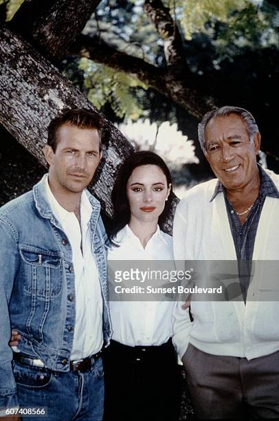American actors Kevin Costner, Madeleine Stowe and Anthony Quinn on the set of Revenge, directed by Tony Scott.