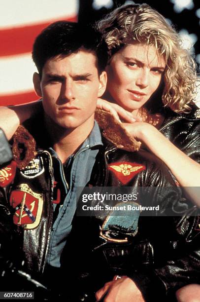 American actors Tom Cruise and Kelly McGillis on the set of Top Gun, directed by Tony Scott.