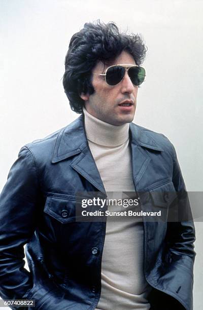 American actor Al Pacino on the set of Bobby Deerfield, directed by Sydney Pollack.