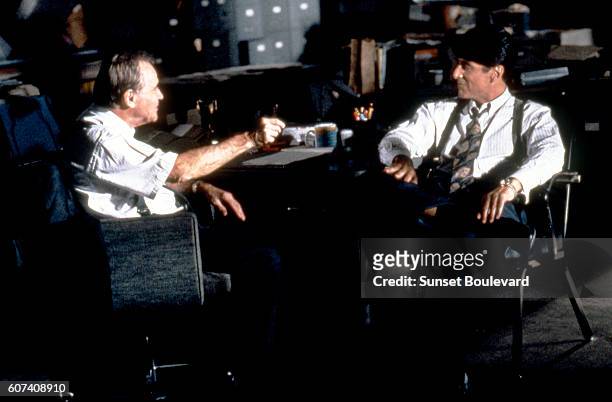 American actors Jack Lemmon and Al Pacino on the set of Glengarry Glen Ross, directed by James Foley.