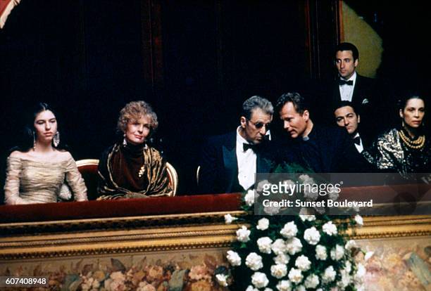Actors Sofia Coppola, Diane Keaton, Al Pacino, John Savage, Don Novello, Andy Garcia and Talia Shire on the set of The Godfather: Part III, written...