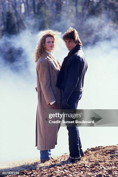 Australian actress Nicole Kidman and American actor Tom Cruise on the set of Days of Thunder, directed by Tony Scott.