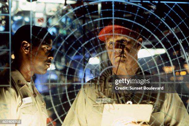 American actors Denzel Washington and Gene Hackman on the set of Crimson Tide, directed by Tony Scott.