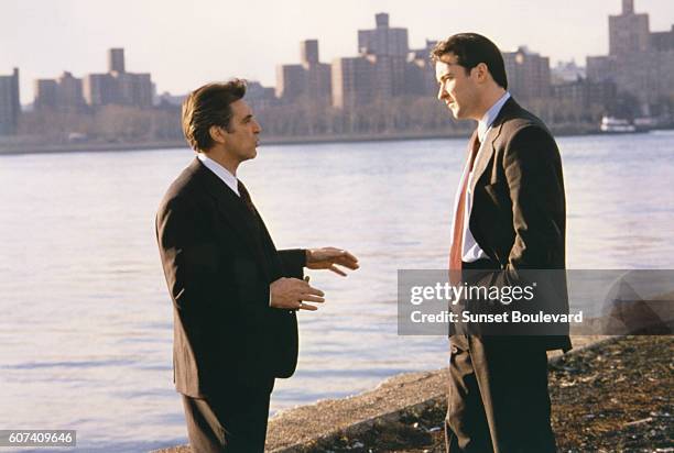 American actors Al Pacino and John Cusack on the set of City Hall, directed by Harold Becker.