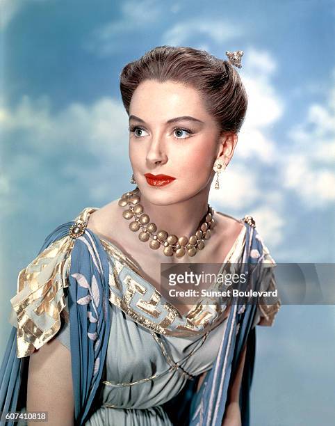 Scottish actress Deborah Kerr on the set of Quo Vadis, based on the novel by Henryk Sienkiewicz and directed by Mervyn LeRoy.