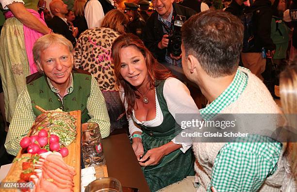 Andrea Berg and her husband Uli, Ulrich Ferber and her stepson and manager Andreas Ferber during the opening of the oktoberfest 2016 at the...
