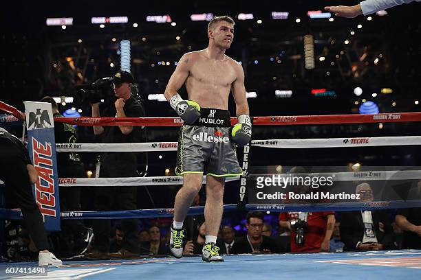 Liam Smith of Great Britain during his WBO Junior Middleweight World fight against Canelo Alvarez of Mexico at AT&T Stadium on September 17, 2016 in...