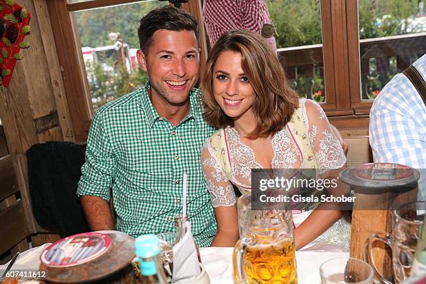 Andreas Ferber and his girlfriend Vanessa Mai during the opening of the oktoberfest 2016 at the 'Kaeferschaenke' beer tent at Theresienwiese on...