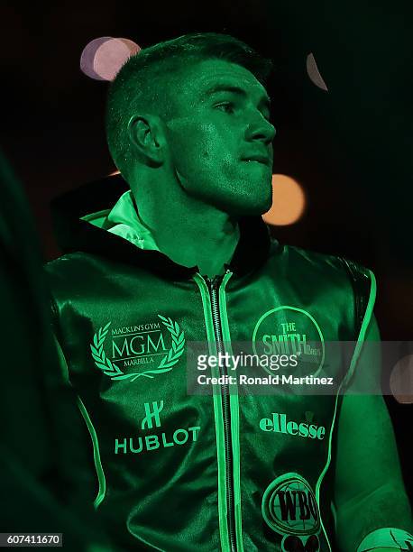 Liam Smith of Great Britain before his WBO Junior Middleweight World fight against Canelo Alvarez of Mexico at AT&T Stadium on September 17, 2016 in...