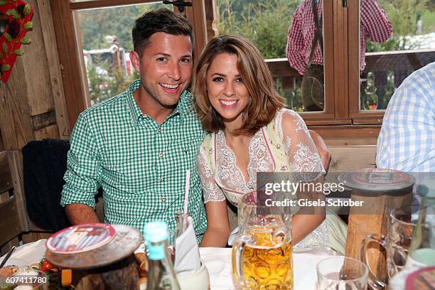 Andreas Ferber and his girlfriend Vanessa Mai during the opening of the oktoberfest 2016 at the 'Kaeferschaenke' beer tent at Theresienwiese on...