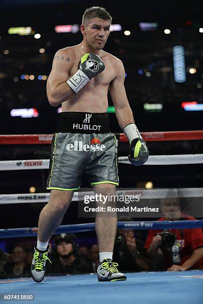 Liam Smith of Great Britain during his WBO Junior Middleweight World fight against Canelo Alvarez of Mexico at AT&T Stadium on September 17, 2016 in...