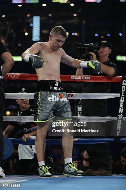 Liam Smith of Great Britain during his WBO Junior Middleweight World fight against Canelo Alvarez of Mexico at AT&T Stadium on September 17, 2016 in...