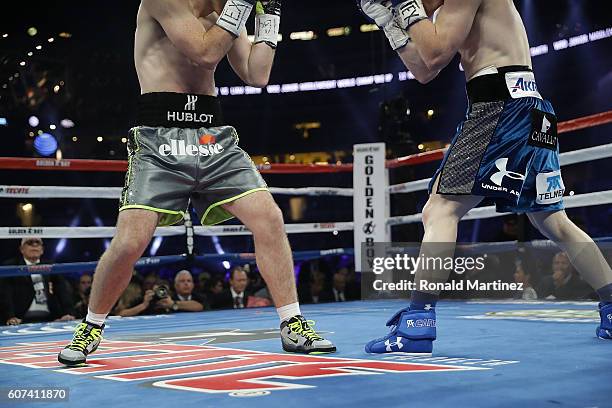 Liam Smith of Great Britain during his WBO Junior Middleweight World fight against Canelo Alvarez of Mexico at AT&T Stadium on September 17, 2016 in...