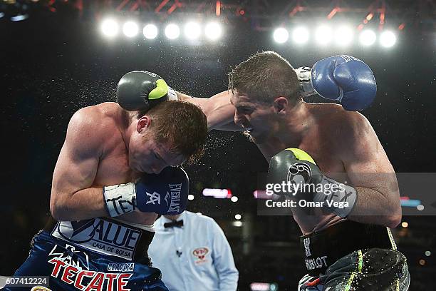 Canelo Alvarez fights Liam Smith during the WBO Junior Middleweight World bout at AT&T Stadium on September 17, 2016 in Arlington, Texas.