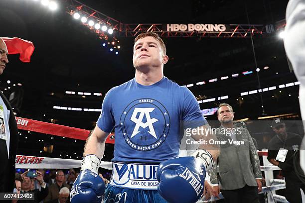 Canelo Alvarez enters the ring before taking on Liam Smith in the WBO Junior Middleweight World fight at AT&T Stadium on September 17, 2016 in...