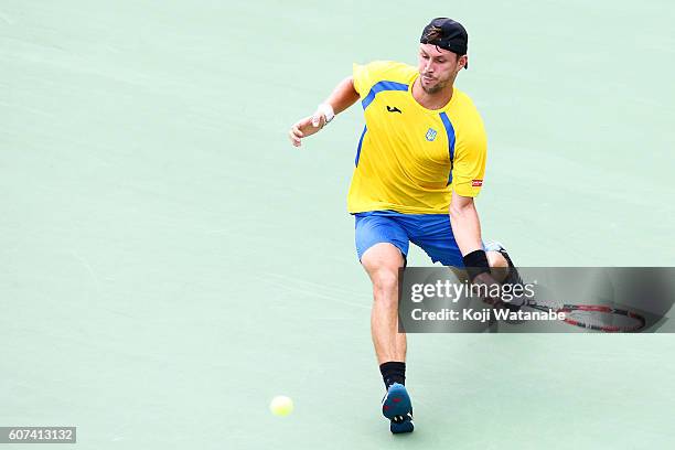 Artem Smirnov of Ukraine competes against Taro Daniel of Japan during the Davis Cup World Group Play-off singles match between at Utsubo Tennis...