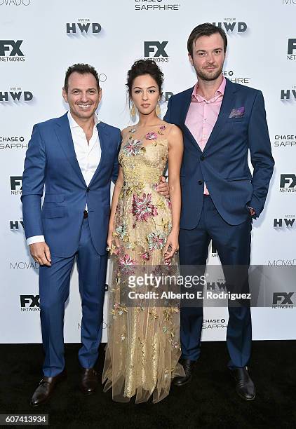 Actors Lev Gorn, Annet Mahendru and Costa Ronin attend the Vanity and FX Annual Primetime Emmy Nominations Party at Craft Restaurant on September 17,...
