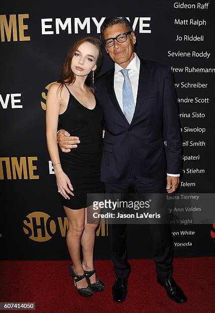 Actor Steven Bauer and Lyda Loudon attend the Showtime Emmy eve party at Sunset Tower on September 17, 2016 in West Hollywood, California.