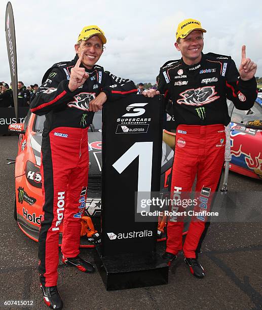 Warren Luff and Garth Tander of Holden Racing Team Holden celebrate after winning the Sandown 500 at the Sandown International Motor Raceway on...