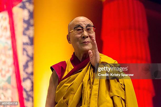 Tibetan Spiritual Leader, the 14th Dalai Lama speaks on stage to give a Buddhist teaching at the Le Zenith on September 18, 2016 in Strasbourg,...