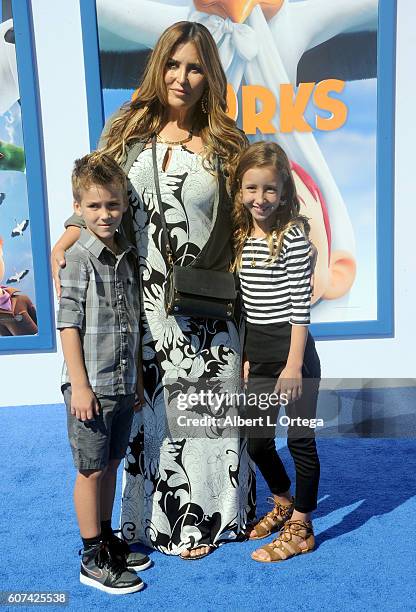 Personality Jillian Barberie with children arrive for the Premiere Of Warner Bros. Pictures' "Storks" held at Regency Village Theatre on September...