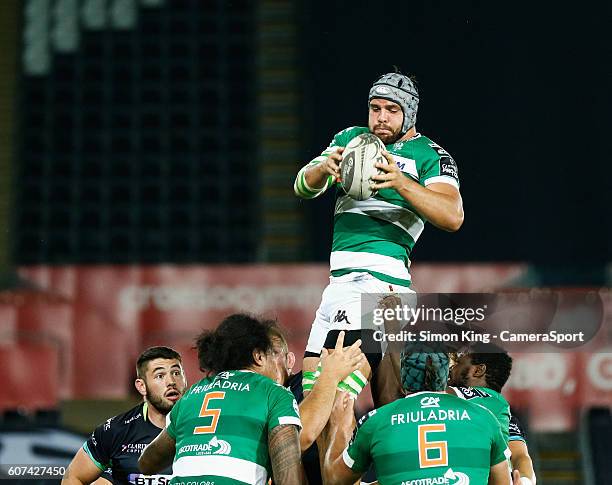 Filippo Gerosa of Benetton Treviso claims the lineout during the Guinness PRO12 Round 3 match between Ospreys and Benetton Rugby Treviso at Liberty...