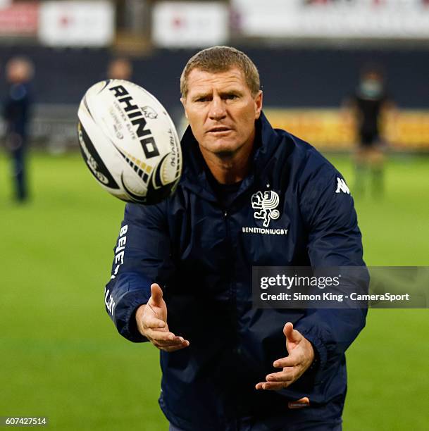 Coach Marius Goosen of Benetton Treviso during the pre match warm up during the Guinness PRO12 Round 3 match between Ospreys and Benetton Rugby...