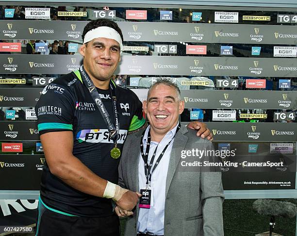 Man of the Match Josh Matavesi presented by Greg Morris during the Guinness PRO12 Round 3 match between Ospreys and Benetton Rugby Treviso at Liberty...