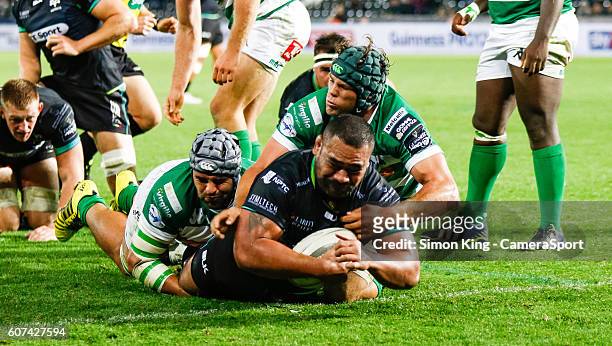 Ma'afu Fia of Ospreys scores his sides eighth try during the Guinness PRO12 Round 3 match between Ospreys and Benetton Rugby Treviso at Liberty...