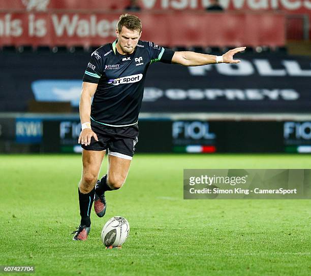 Dan Biggar of Ospreys kicks at goal during the Guinness PRO12 Round 3 match between Ospreys and Benetton Rugby Treviso at Liberty Stadium on...