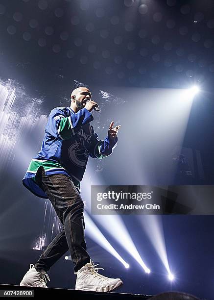 Canadian rapper Drake performs onstage during his 'Summer Sixteen Tour' at Pepsi Live at Rogers Arena on September 17, 2016 in Vancouver, Canada.