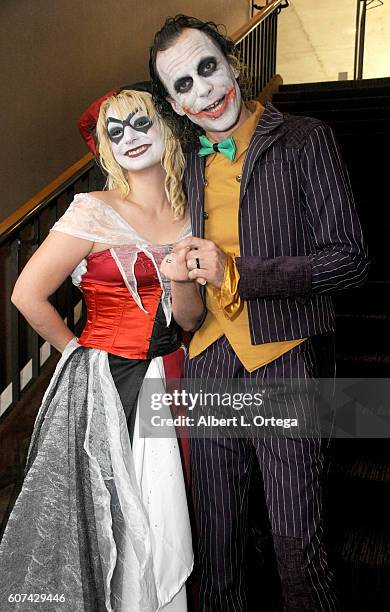 Cosplayers Zoe Oliva dressed as Harley Quinn marries Jesse Oliva dressed as The Joker at the Long Beach Comic Con held at Long Beach Convention...